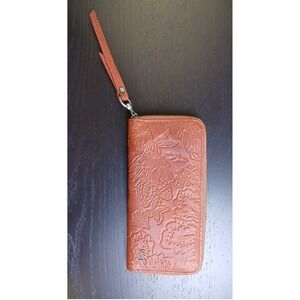 90s Mi Libertad‎ Cognac Brown Embossed Floral Leather Zip Around Wristlet Wallet